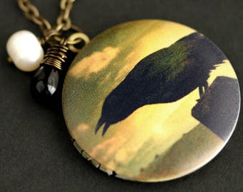 Black Bird Locket Necklace. Raven Necklace with Black Teardrop and Fresh Water Pearl Charm. Bronze Locket. Bird Necklace. Handmade Necklace.