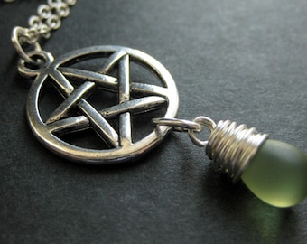 Silver Pentagram Necklace. Pagan Jewelry. Clouded Green Teardrop Necklace. Handmade Jewelry.
