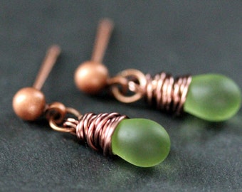 COPPER Earrings - Frosted Green Teardrop Earrings. Dangle Earrings. Stud Post Earrings. Handmade Jewelry.