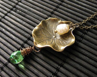 Lily Pad Necklace with Wire Wrapped Iridescent Green Teardrop and Fresh Water Pearl. Handmade Jewelry.