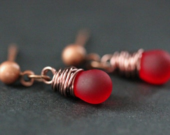 COPPER Earrings - Frosted Red Teardrop Earrings. Dangle Earrings. Stud Post Earrings. Handmade Jewelry.