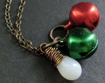 Holiday Bells Necklace. Red and Green Christmas Necklace. Bronze Holiday Necklace. Handmade Jewelry.