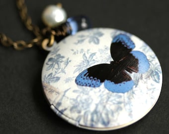 Morpho Butterfly Locket Necklace. Blue Butterfly Necklace with Blue Teardrop and Fresh Water Pearl Charm. Photo Locket. Bronze Necklace.