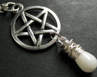 Pagan Necklace. White Coral Necklace. Teardrop Necklace. Silver Pentagram Necklace. Handmade Jewelry.