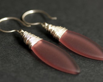 Plum Purple Seaglass Earrings. Purple Seaglass Dangle Earrings. Marquis Style Frosted Earrings. Wire Wrapped Earrings. Purple Earrings.