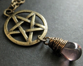 Teardrop Necklace. Purple Necklace. Bronze Pentacle Necklace. Pagan Necklace. Handmade Jewelry.