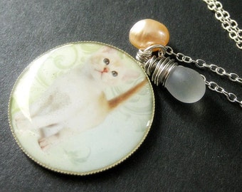 White Kitten Necklace. Cat Necklace with Frost Teardrop and Peach Fresh Water Pearl. Handmade Jewelry.