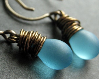 BRONZE Earrings - Frosted Turquoise Teardrop Earrings, Dangle Earrings. Wire Wrapped. Handmade Jewelry.