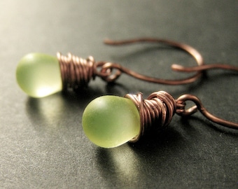 COPPER Earrings - Clouded Lemon Lime Drop Earrings, Wire Wrapped Dangle Earrings. Handmade Jewelry.