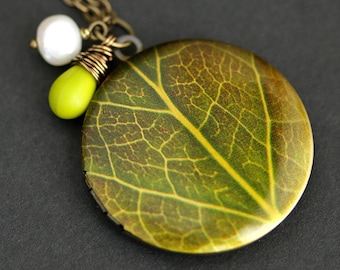 Green Leaf Locket Necklace. Leaf Necklace with Chartreuse Green Teardrop and Fresh Water Pearl Charm. Bronze Locket. Handmade Necklace.