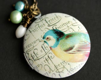 Colorful Bird Locket Necklace. Bird Necklace with White Coral Teardrop and Fresh Water Pearls. Aqua Blue and Green Necklace. Bronze Locket.