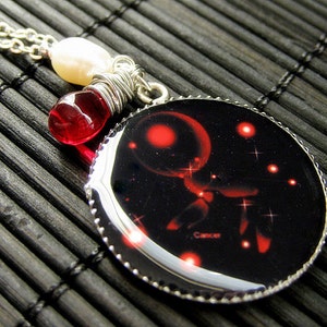 Cancer Necklace. Sun Sign Pendant. Zodiac Jewelry with Red Teardrop and Fresh Water Pearl. Handmade Jewelry.