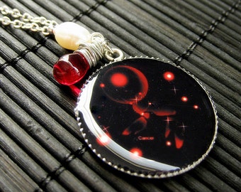 Cancer Necklace. Sun Sign Pendant. Zodiac Jewelry with Red Teardrop and Fresh Water Pearl. Handmade Jewelry.