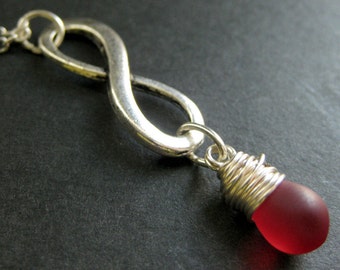 Silver Infinity Symbol Necklace. Clouded Red Teardrop Necklace. Wire Wrapped. Handmade Jewelry.