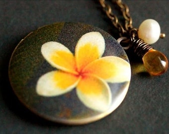 Frangipani Necklace. Yellow Flower Locket Necklace. Plumeria Necklace with Glass Teardrop and Pearl Charm. Bronze Locket Necklac