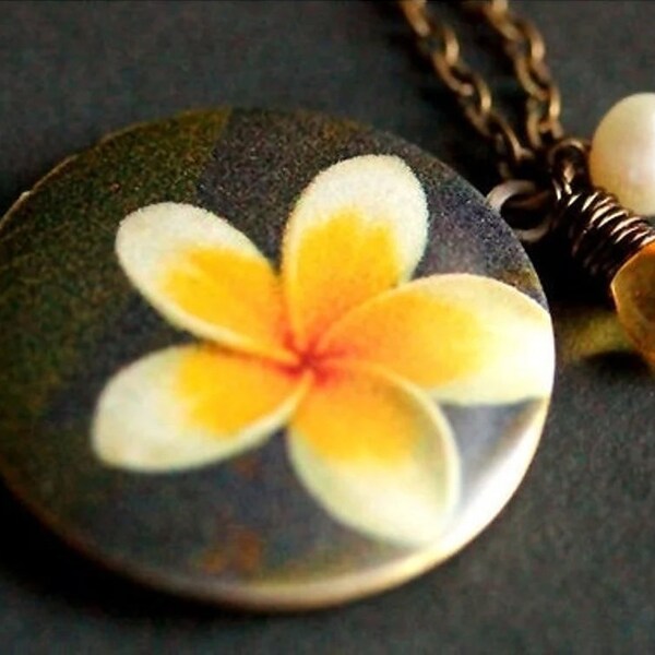 Frangipani Necklace. Yellow Flower Locket Necklace. Plumeria Necklace with Glass Teardrop and Pearl Charm. Bronze Locket Necklac