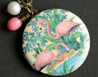 Flamingo Locket Necklace. Pink Flamingo Necklace with Pink Teardrop and Fresh Water Pearl. Pink Bird Necklace. Handmade Jewelry.