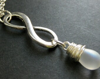 Pale Frost Teardrop Pendant Necklace. Wire Wrapped Silver Infinity Necklace. Handmade Jewelry.