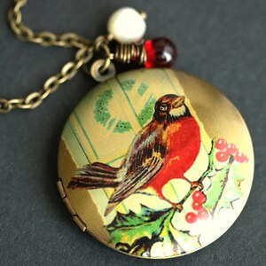 Robin Locket Necklace. Bird Necklace with Red Teardrop and Fresh Water Pearl Charm. Robin Necklace. Bronze Locket. Handmade Jewelry.