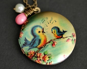 Singing Bird Locket Necklace. Cartoon Bird Necklace. Bluebird Necklace with Pink Teardrop and Fresh Water Pearl Charm. Bronze Locket.