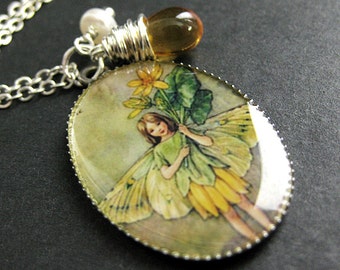 Fairy Necklace. Yellow Fairie Necklace with Honey Teardrop and Fresh Water Pearl. Flower Faerie Charm Necklace. Handmade Jewelry.