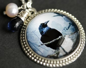 Raven Necklace. Black Bird Pendant with Dark Blue Teardrop and Fresh Water Pearl Charm. Black and Blue Necklace. Handmade Necklace.