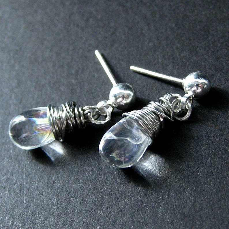 Silver Post Earrings. Teardrop Dangle Earrings. Clear Teardrop Stud Earrings. Bridesmaid Earrings. Wire Wrapped Earrings. Handmade Jewelry. image 3