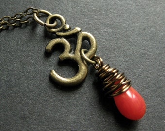 Orange Coral Om Necklace. Yoga Necklace. Orange Coral Necklace. Bronze Ohm Necklace. Handmade Jewelry.