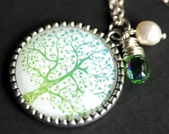 Winter Thaw Tree Necklace. Silver Tree Pendant. Aqua Blue and Pale Green Handmade Necklace with Glass Teardrop and Fresh Water Pearl.