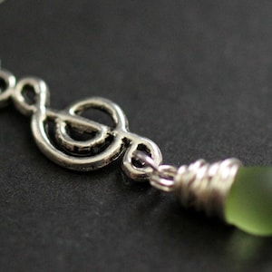 Frosted Green Teardrop Necklace. Musical Note Necklace. Music Necklace. Treble Clef Necklace in Silver. Handmade Jewelry.
