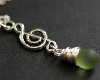 Frosted Green Teardrop Necklace. Musical Note Necklace. Music Necklace. Treble Clef Necklace in Silver. Handmade Jewelry.