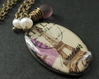 Eiffel Tower Necklace. Paris Charm Necklace. French Necklace with Purple Teardrop and Fresh Water Pearl. Handmade Jewelry.
