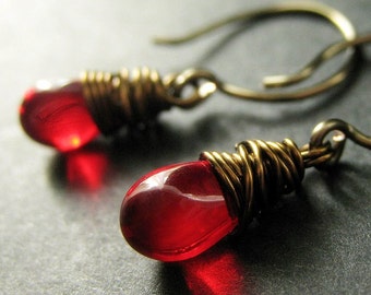 BRONZE Earrings - Blood Red Earrings with Glass Teardrops, Wire Wrapped Earrings. Handmade Jewelry.