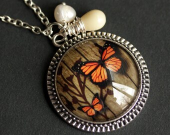 Orange Butterfly Necklace. Monarch Butterfly Pendant with Fresh Water Pearl and Beige Teardrop. Orange Necklace. Handmade Necklace.