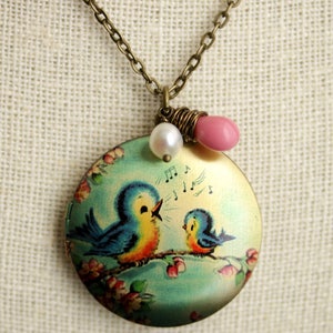 Singing Bird Locket Necklace. Cartoon Bird Necklace. Bluebird Necklace with Pink Teardrop and Fresh Water Pearl Charm. Bronze Locket. image 3