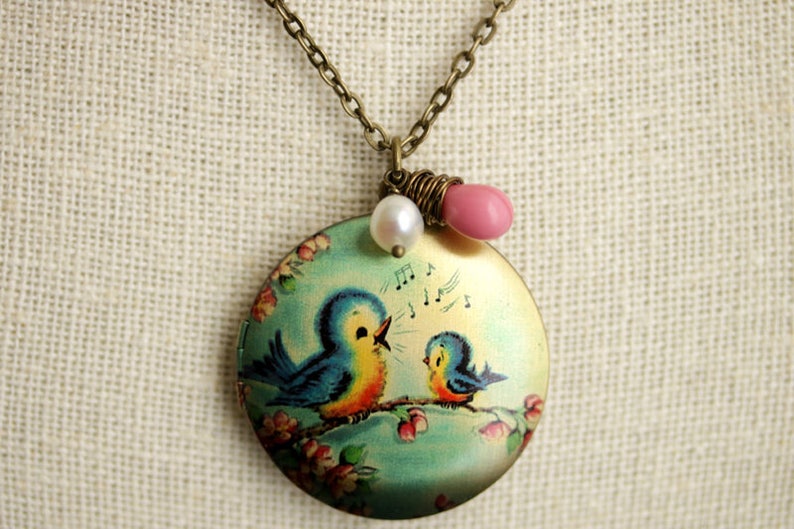 Singing Bird Locket Necklace. Cartoon Bird Necklace. Bluebird Necklace with Pink Teardrop and Fresh Water Pearl Charm. Bronze Locket. image 3