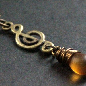 Frosted Honey Teardrop Necklace. Music Necklace. Treble Clef Necklace. Musical Note Necklace in Bronze. Handmade Jewellery.