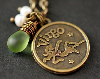 Virgo Necklace. Zodiac Necklace. Sun Sign Charm Necklace with Glass Teardrop and Pearls. Handmade Jewelry.