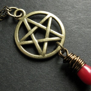 Red Coral Necklace. Pentagram Necklace in Bronze. Pagan Necklace. Teardrop Necklace. Handmade Jewelry.