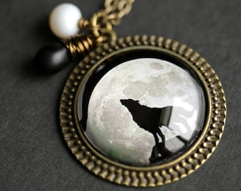 Howling Wolf Necklace. Wolf and Moon Pendant with Frosted Black Teardrop and Fresh Water Pearl. Wolf Pendant. Bronze Necklace.