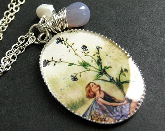 Fairy Necklace. Purple Flower Fairy Charm Necklace with Lavender Teardrop and Fresh Water Pearl. Handmade Jewelry.