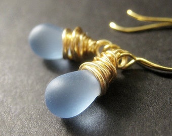 14K GOLD Wire Wrapped Earrings - Baby Blue Frosted Glass Teardrop Earrings. Handmade Jewelry.