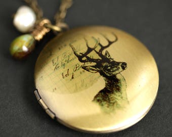 Wildlife Necklace. Woodland Deer Locket Necklace with Green Marbled Teardrop and Fresh Water Pearl Charm. Bronze Necklace. Photo Locket.