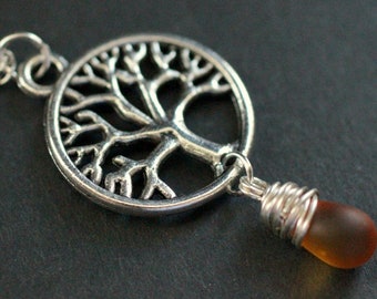 Tree Necklace. Silver Tree of Life Necklace. Wire Wrapped Frosted Honey Teardrop Necklace. Handmade Jewellery.