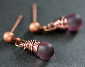 COPPER Earrings - Clouded Purple Teardrop Earrings. Dangle Earrings. Stud Post Earrings. Handmade Jewelry.