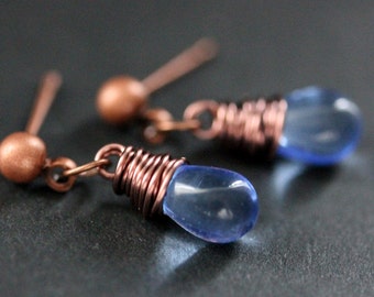 COPPER Earrings - Blue Teardrop Earrings. Stud Earrings. Dangle Earrings. Post Earrings. Handmade Jewelry.