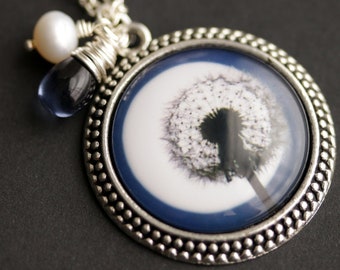 Make a Wish Necklace. Dandelion and the Full Moon Pendant. Dandelion Necklace with Blue Teardrop and Fresh Water Pearl. Moon Necklace.