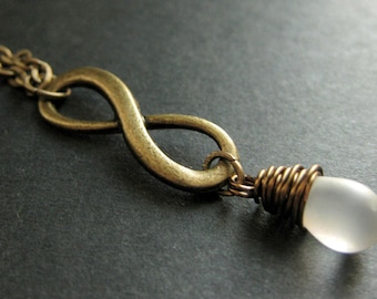 Bronze Infinity Symbol Necklace. Clouded White Teardrop Necklace. Wire Wrapped Handmade Jewelry.