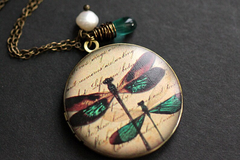 Dragonfly Necklace. Dragonfly Locket Necklace with Teal Teardrop and Fresh Water Pearl. Handmade Jewelry. image 1