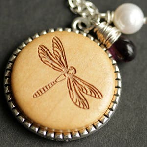 Wood Dragonfly Necklace. Dragonfly Pendant. Wooden Necklace with Glass Teardrop and Fresh Water Pearl. Silver Necklace. Handmade Jewelry. image 1